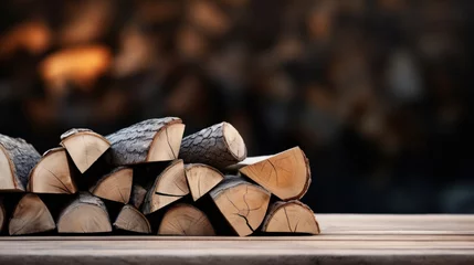 Rolgordijnen Stack of firewood on the table against the blurred background © tashechka