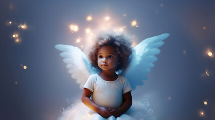 Girl angel with big white wings in white clothes on blue glowing background
