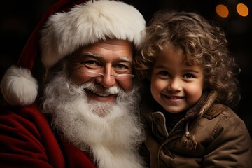 Obraz premium Cute little boy and girl with Santa Claus in room decorated for Christmas