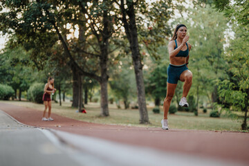 Fit girls train outdoors in a green park, showcasing their athletic bodies and motivation. They jog, demonstrating their endurance and commitment to a healthy lifestyle.