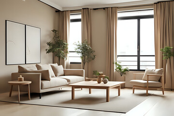 Japandi living room interior with cozy beige couch, modern minimalist design. Side view