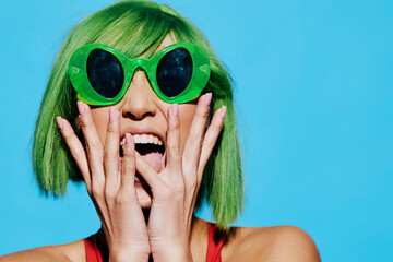 Woman sunglasses summer beauty fashion smile portrait trendy lifestyle swimsuit expression wig