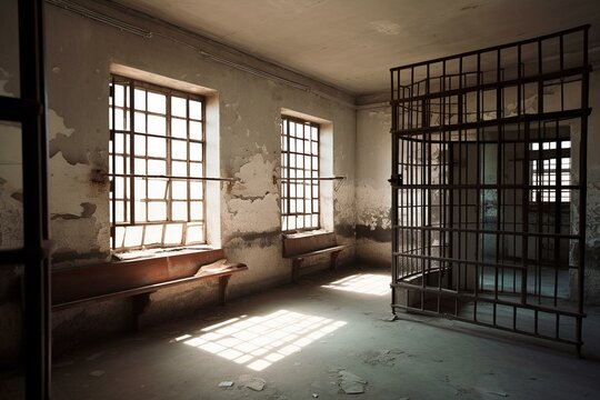 Interior of a jail cell surrounded by concrete walls, with bars covering a bright window. Generative AI