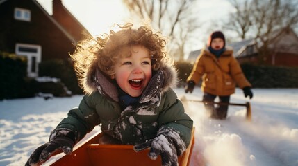 Cute little Happy kid wearing worm clothes playing outdoors in cold winter with  copy space background, winter holiday concept