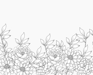 Hand Drawn Rose and Aster Seamless Background