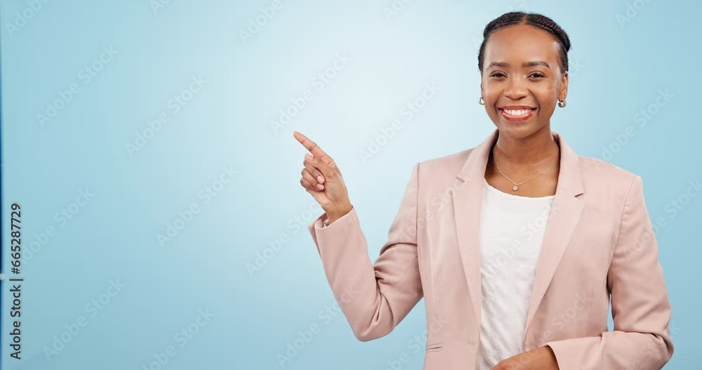 Wall mural Business woman, studio presentation and marketing of financial information, steps for loan registration and okay hands. Face of professional african advisor pointing to mockup on a blue background