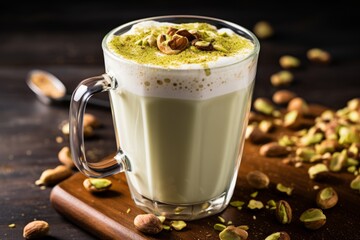 Detailed shot of a creamy pistachio latte topped with crushed nuts in a clear glass - obrazy, fototapety, plakaty