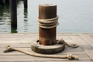 Docking bollard with ship rope. Generative AI - obrazy, fototapety, plakaty