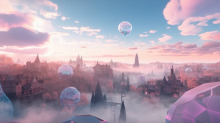Dreamy aethereal city with pink air balloons flying in the sky. Lucid dreaming and astral travel inspiration. - obrazy, fototapety, plakaty