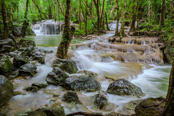 Fototapeta premium Erawan Waterfall Thailand Kachanaburi, a beautiful deep forest waterfall in Thailand. Erawan Waterfall in National Park