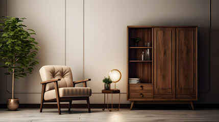 a room with a vintage interior design in the form of a wooden cabinet and armchair
