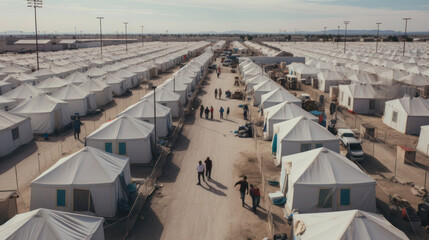 Refugee camps. Rows of tents for temporary accommodation of those who fled war and lost their homes and property.