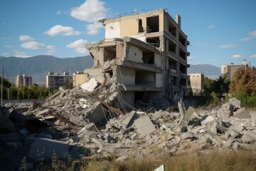 Ruined structure, crumbled urban landscape following seismic tremor. Generative AI