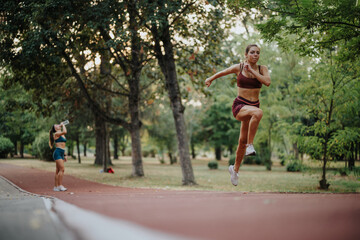 Fit girls and athletes jog in a green park, motivating others with their active and athletic bodies.