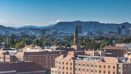 The landscape of USC buildings and Los Angeles