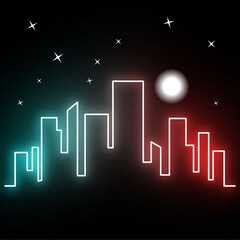 Obraz premium Monoline illustration of skyscraper with neon effect and moon in the dark 