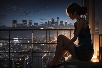 Cityscape Contemplation: AI-Generated Anime Illustration of a Woman Silhouetted on a Balcony Overlooking a Night City, Rendered in Niji Style