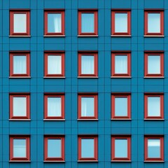 Seamless pattern texture of a modern facade of a gray-blue building with dark red windows. AI Generation 