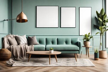 Stylish interior design of living room with modern mint sofa, wooden console, coffee table, lamp, plant, mock up poster frame, pillows, plaid, decoration and beautiful dog lying on the floor.