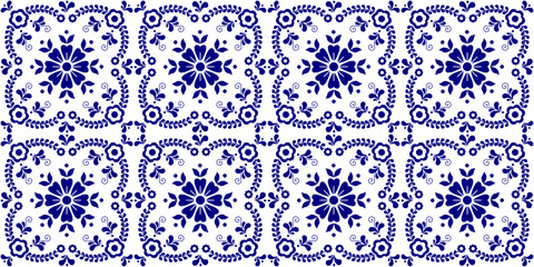 Geometric Azulejo tiles seamless vector pattern in blue and white, Portuguese or Spanish retro mosaic tiles, Mediterranean turquoise traditional floral design ornamental textile background design.