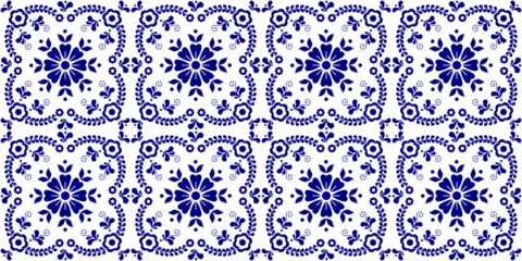 Tapeten Geometric Azulejo tiles seamless vector pattern in blue and white, Portuguese or Spanish retro mosaic tiles, Mediterranean turquoise traditional floral design ornamental textile background design. © nirin