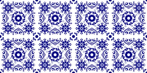 Papier Peint photo Lavable Portugal carreaux de céramique Geometric Azulejo tiles seamless vector pattern in blue and white, Portuguese or Spanish retro mosaic tiles, Mediterranean turquoise traditional floral design ornamental textile background design.