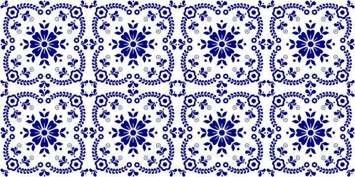 Geometric Azulejo tiles seamless vector pattern in blue and white, Portuguese or Spanish retro mosaic tiles, Mediterranean turquoise traditional floral design ornamental textile background design.
