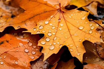 Close up of fallen leaves on ground in autumn covered in raindrops.