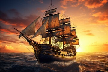 Obraz premium Pirate ship sailing on the ocean at sunset. Vintage cruise.