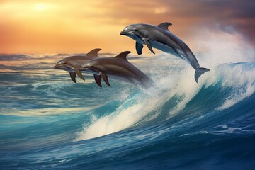 Fototapeta premium Playful dolphins jumping over breaking waves. Hawaii Pacific Ocean wildlife scenery.