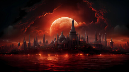 the blood moon during a lunar eclipse rising - obrazy, fototapety, plakaty