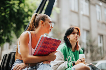Casually dressed high school girls study outdoors, preparing for an exam. They discuss and write homework, enjoying their carefree study session in a lovely setting.