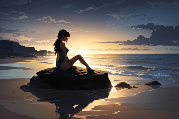Coastal Solitude: AI-Generated Anime Illustration of a Woman Silhouetted on a Rock at a Sandy Beach Under the Soft Night Light, Rendered in Niji Style