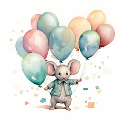 Watercolor mouse with balloons.