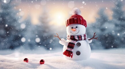 Happy snowman in the winter scenery.