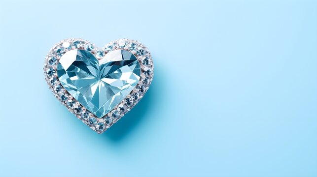 Sky blue heart covered in vvs diamonds, valentine day banner with copy space