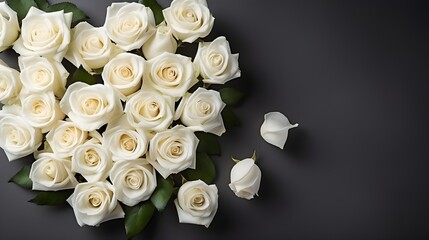 white Roses arranged in a heart shape on dark background, banner, landscape, Valentine's Day love theme with copy space