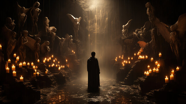 Darkness and light. Man walking in a dark cave with candles, surrounded by statues of fallen angels and scary astral beings. Occult practices.