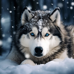 A snowy husky dog