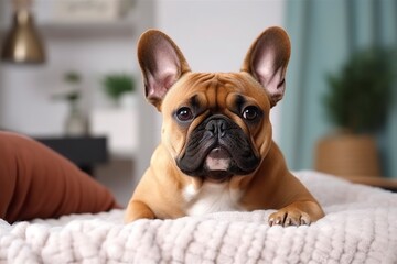 Cute French bulldog in a bedroom, closeup.