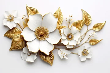 Foto op Plexiglas 3d gold flowers white backgroung. © Fatema