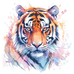 Watercolor tiger head on isolated with white background.