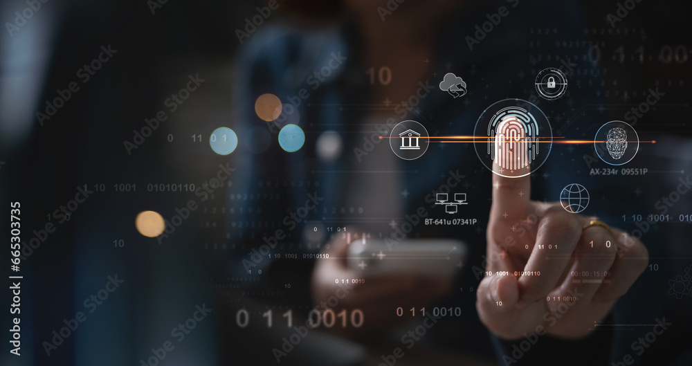 Wall mural biometrics security system. woman using fingerprint identification to access personal financial data
