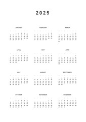 Annual Calendar template on 2025. Vector layout of a wall or desk simple calendar with week start monday.