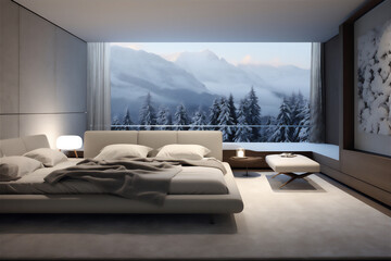 luxury minimalist bedroom with winter theme, giant bed and sofa.