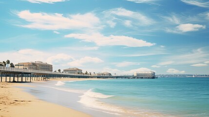 Fototapeta premium Background image of seascape of mediterranean resort coast with calm sea, sandy beach and pier