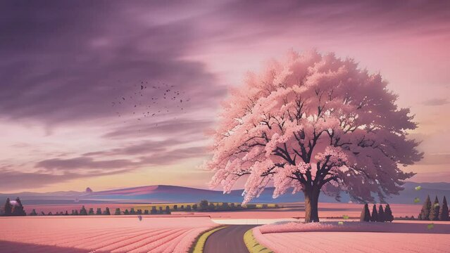 view of a beautiful and large flowering cherry tree. beautiful panorama in spring. Cartoon or anime illustration style. seamless looping 4K time-lapse virtual video animation background.