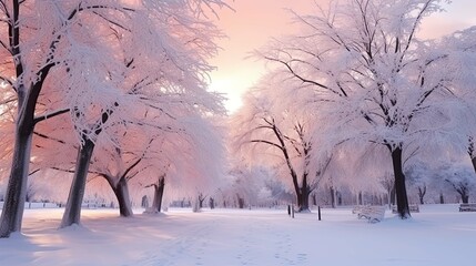 Beautiful natural evening panorama snow-covered city park with frost-covered trees, benches and frozen pond on sunset in pink color