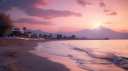 Beautiful natural landscape of sunset on beach of a Mediterranean resort in delicate pink violet tones. Calm, serene sea and sun setting behind mountains