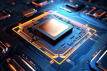 Futuristic central processor unit. Powerful Quantum CPU motherboard.